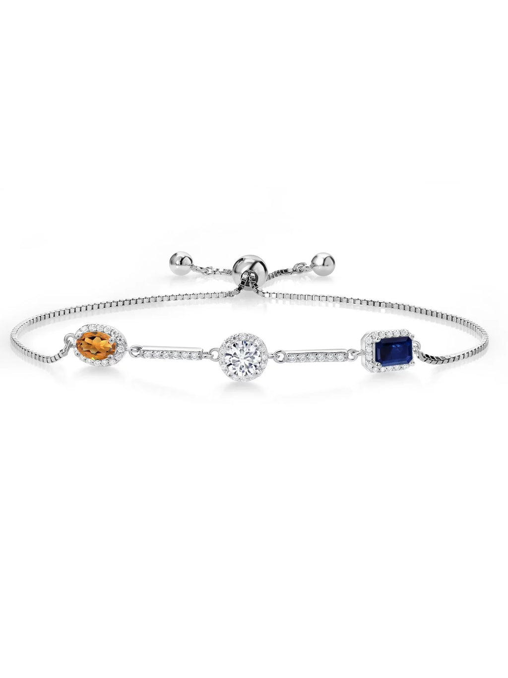 Gem Stone King Keren Hanan 925 Sterling Silver 3 Stone Moissanite Fully Adjustable Bracelet For Women Oval Round Octagon Madeira Citrine Lab Grown Diamond and Sapphire (1.85 Cttw)