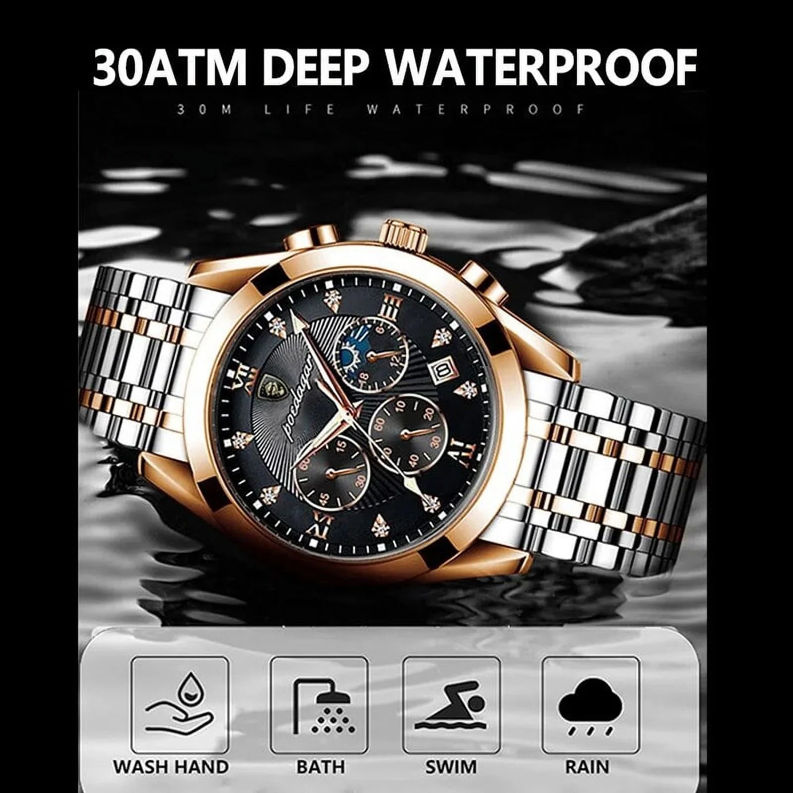 POEDAGAR Men Watch Sport Chronograph Quartz Watches Top Brand Luxury Full Steel Waterproof Luminous Date Man Fashion Wristwatch 8169 Ebony S