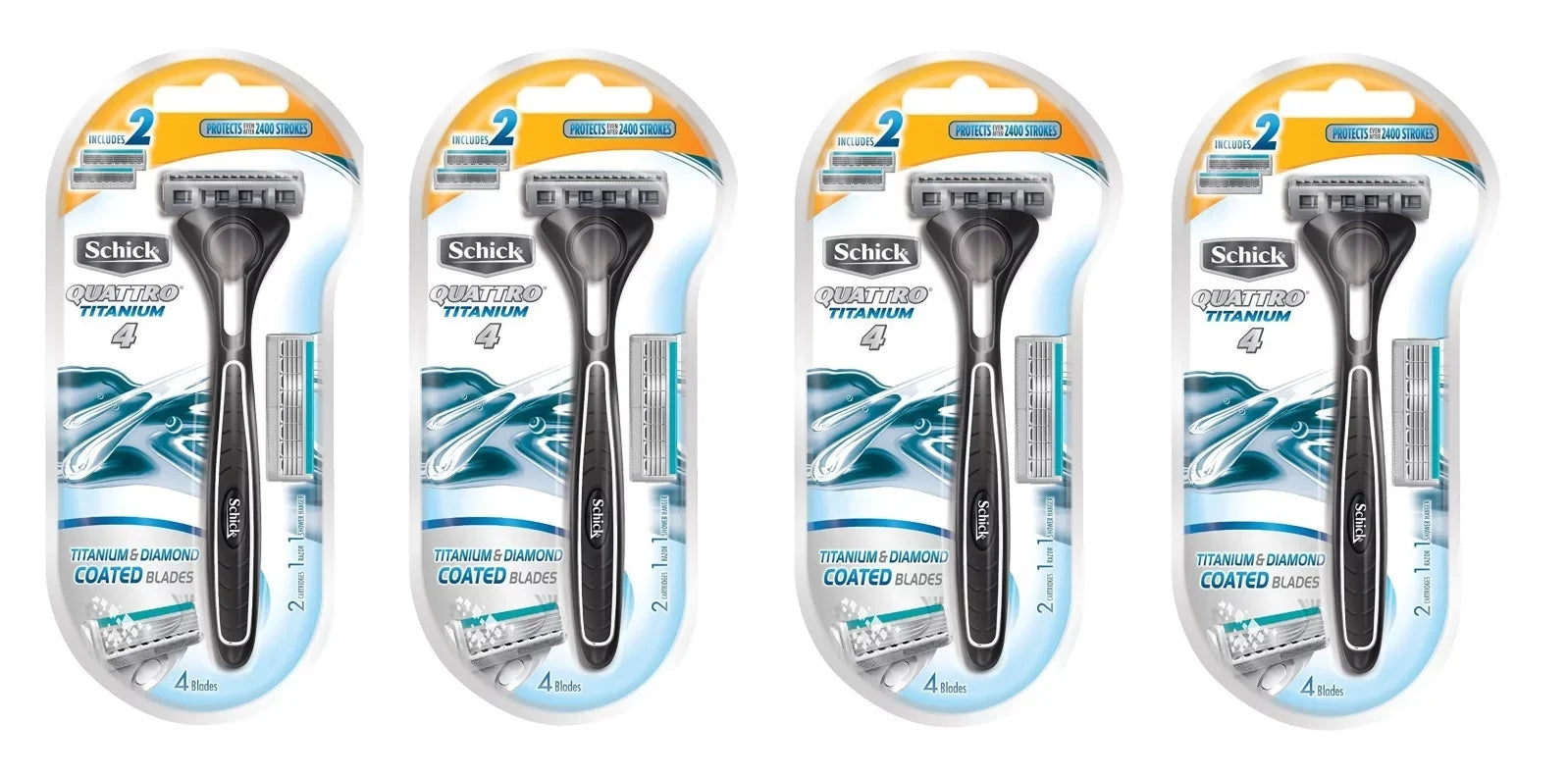 Schick Quattro Razor & Cartridges, Titanium Coated Blades, 1 Razor, 2 Cartridges (Pack of 4) + LA Cross Tweezers 71817