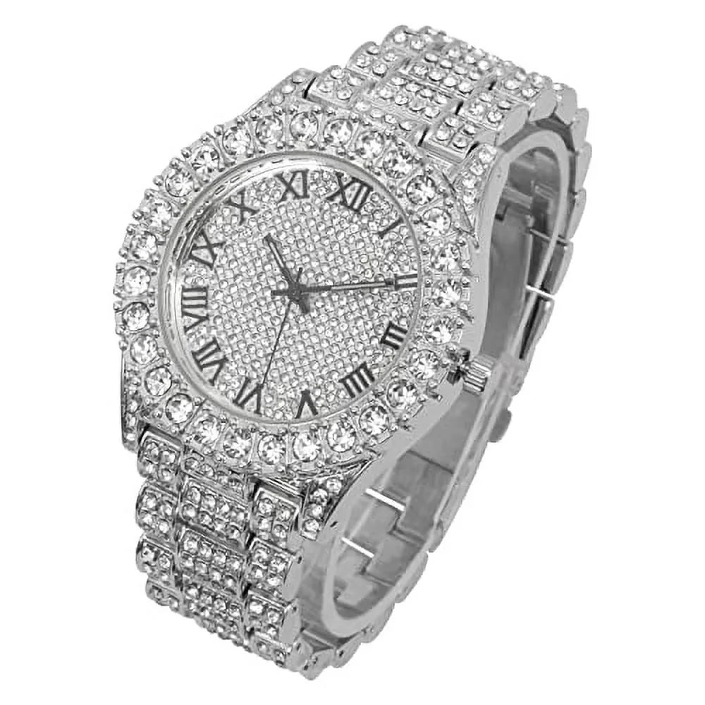 Charles Raymond Mens Big Rocks with Roman Numerals Fully Iced Out Colorful Dial Watch - ST10327 RN Single (ST10327RN Silver BLK R#)