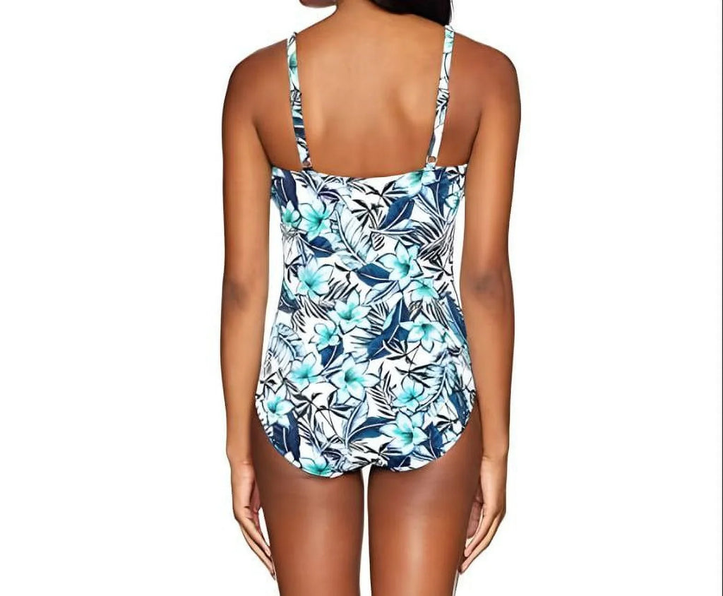 PENBROOKE Women's Floral V-Neck One Piece Swimsuit, White, 10