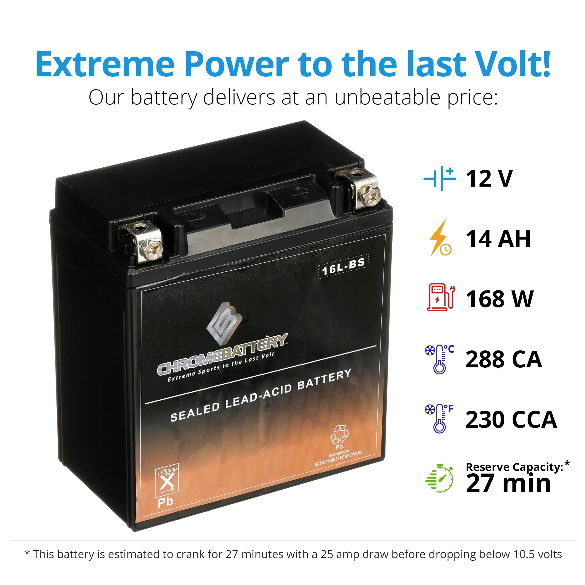 Chrome Battery YTX16L-BS (16L-BS 12 Volt,14 Ah, 230 CCA) Jet Ski Battery for Kawasaki 650cc Jf650 X2 1995