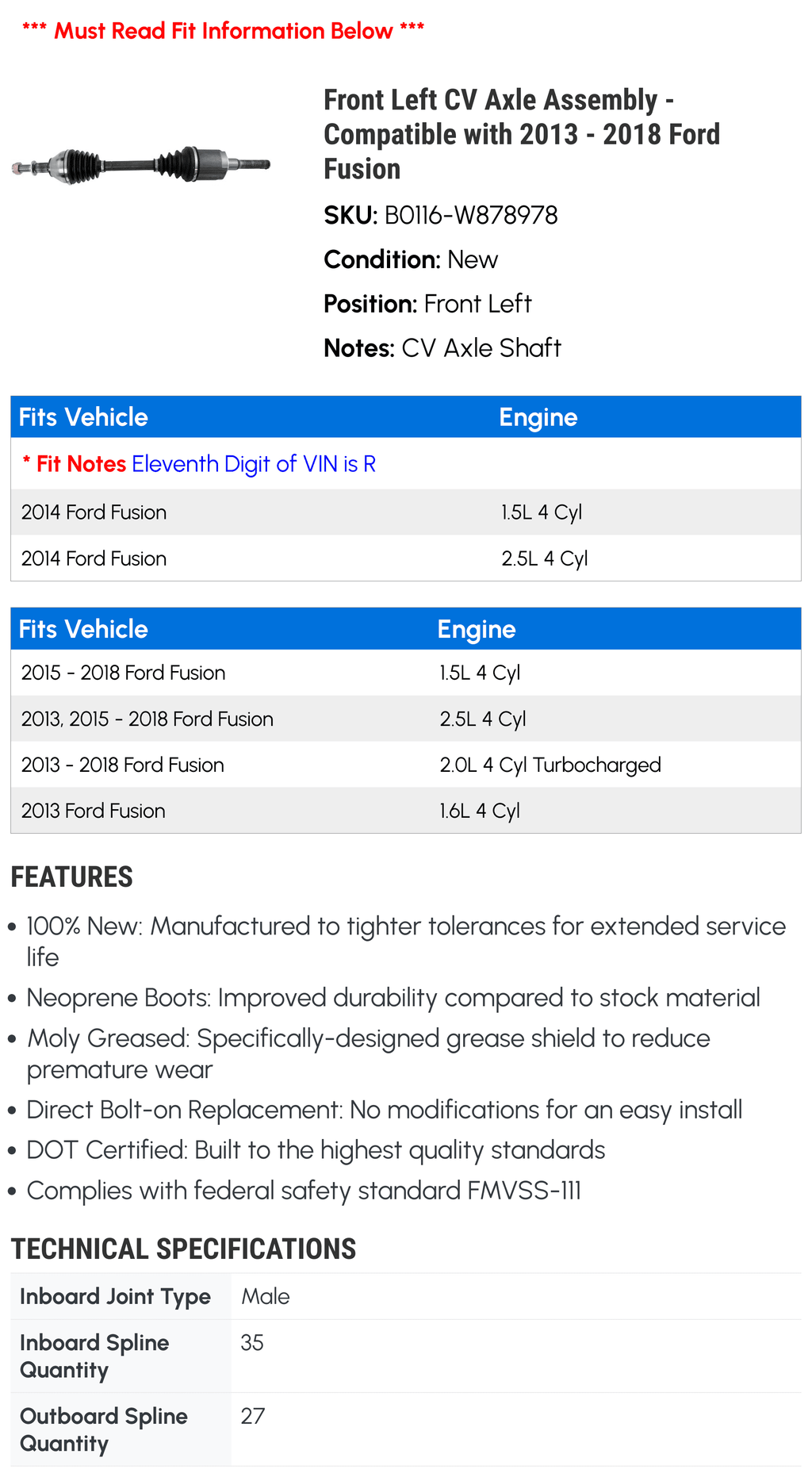 Front Left CV Axle Assembly - Compatible with 2013 - 2018 Ford Fusion 2014 2015 2016 2017