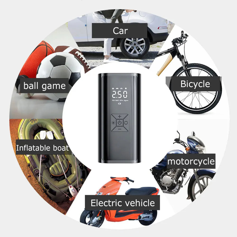 PowerCleany™ Electric Air Pump for Inflatables, Portable Air Compressor for Car Tires, Bicycles, Balls, Air Mattresses and Inflatable Boats, Emergency LED Light, Cordless Tire Inflator and Power Bank