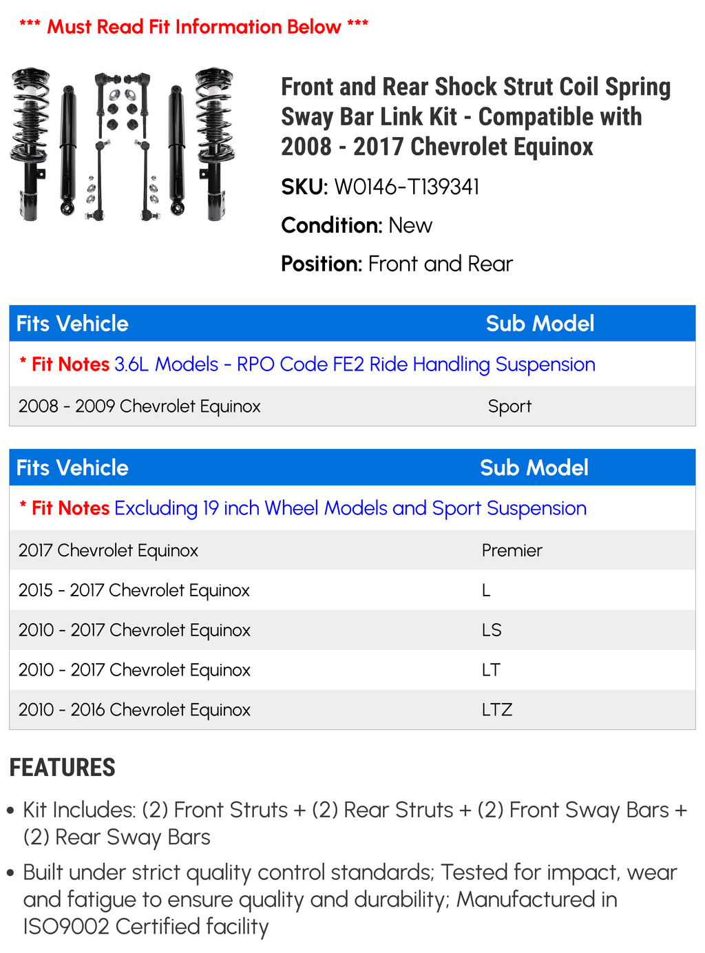 Front and Rear Shock Strut Coil Spring and Sway Bar Link Kit - 8 Piece - Compatible with 2008 - 2017 Chevy Equinox (Models without 19 Inch Wheels and Sport Suspension Only) 2009 2010 2011 2012