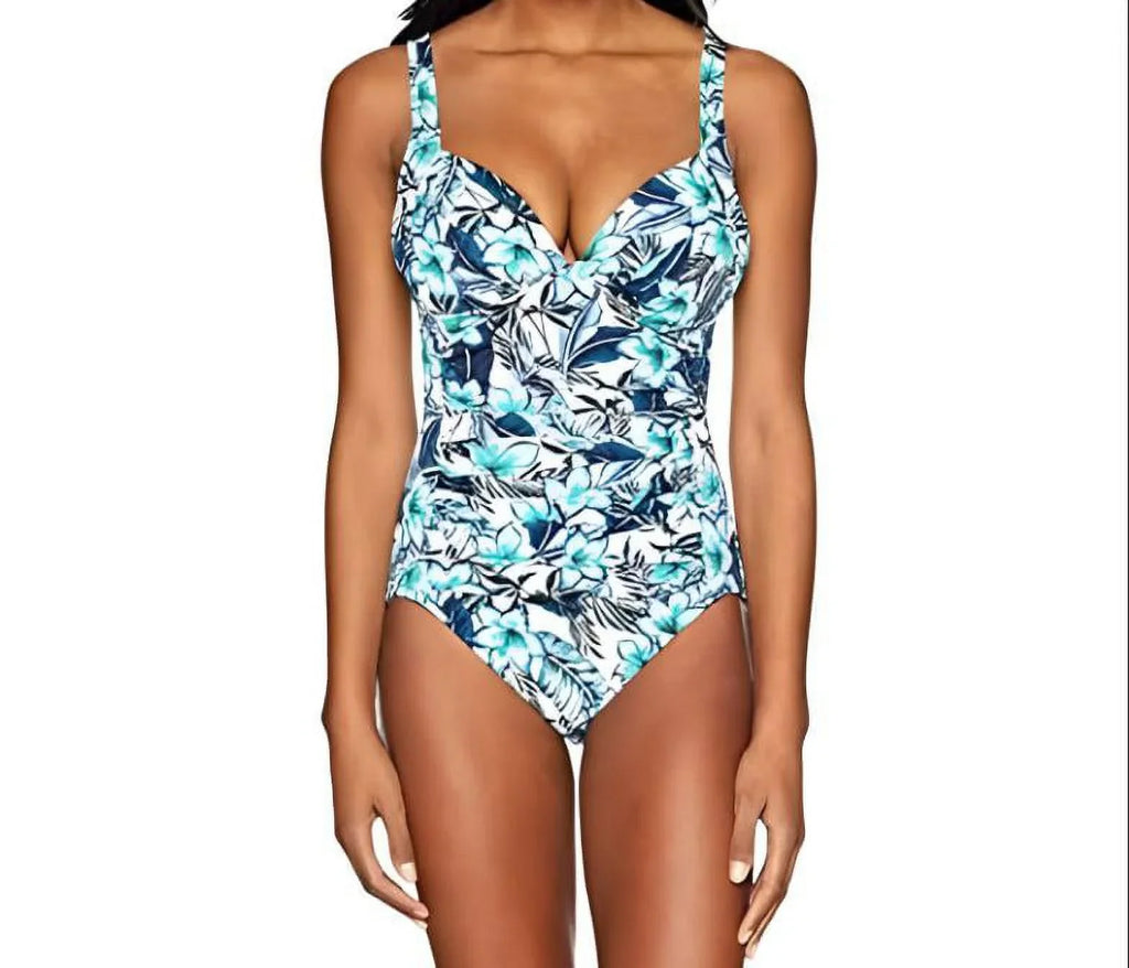 PENBROOKE Women's Floral V-Neck One Piece Swimsuit, White, 10