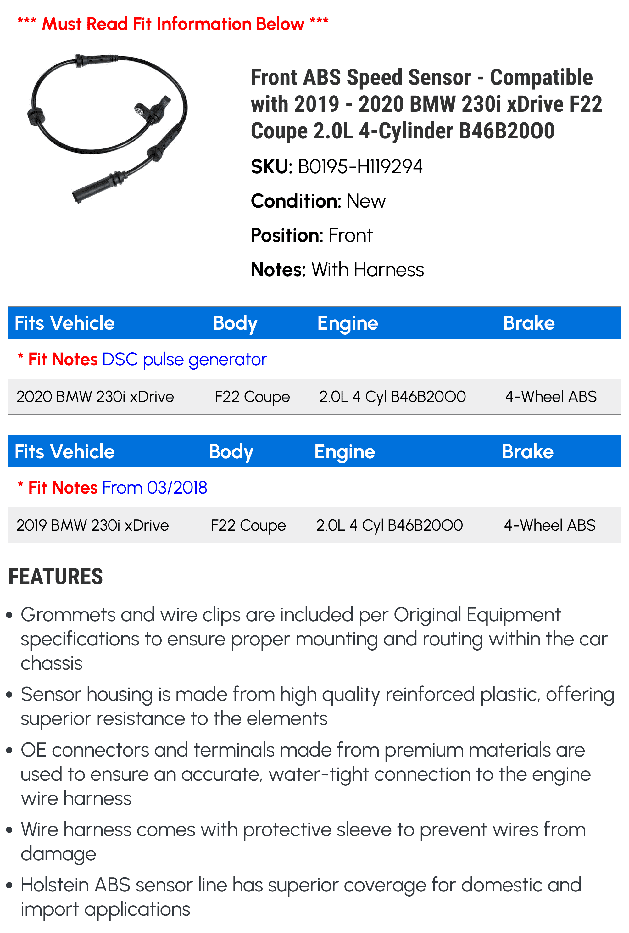 Front ABS Speed Sensor - Compatible with 2019 - 2020 230i xDrive F22 Coupe 2.0L 4-Cylinder B46B20O0