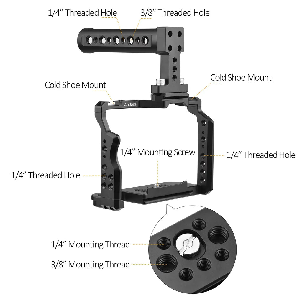 7299 Video Cage + Handle Kit Aluminum Alloy with Dual Cold Shoe Mounts Numerous 14 Inch Threads Replacement for A7IV/ A7III/ A7II/ A7R III/ A7R II/ A7S II