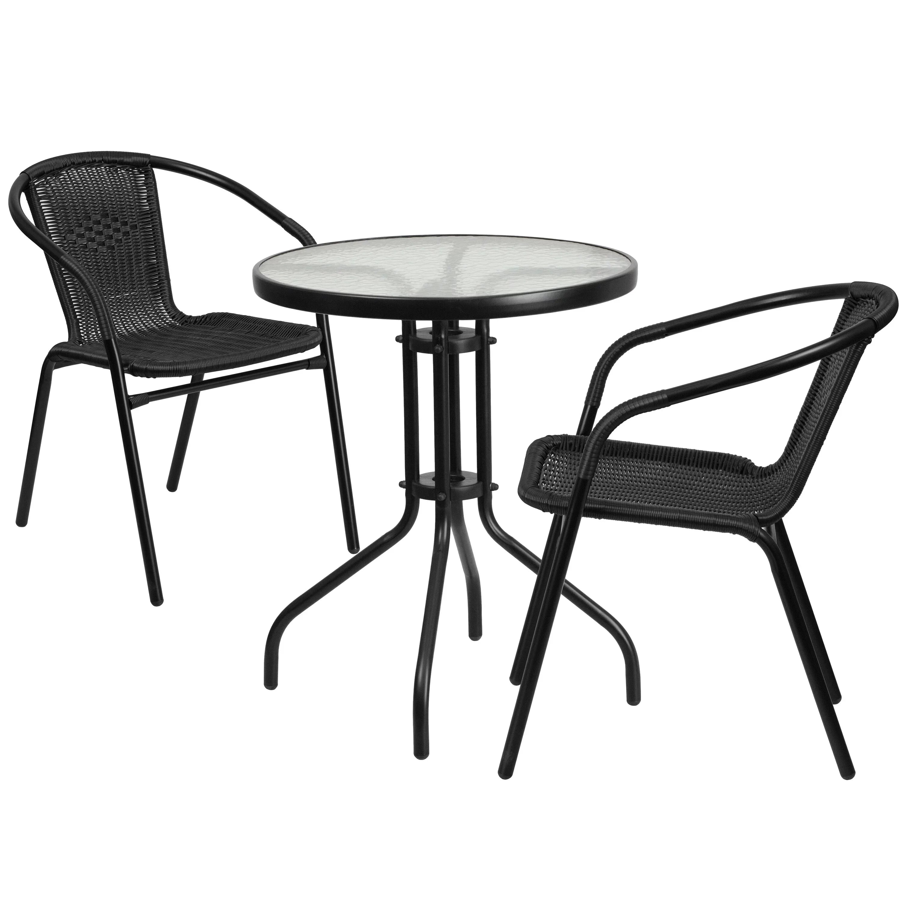 Flash Furniture 23.75" Round Glass Metal Table with 2 Rattan Stack Chairs - 23.75"W x 23.75"D x 28"H - 23.75"W x 23.75"D x 28"H