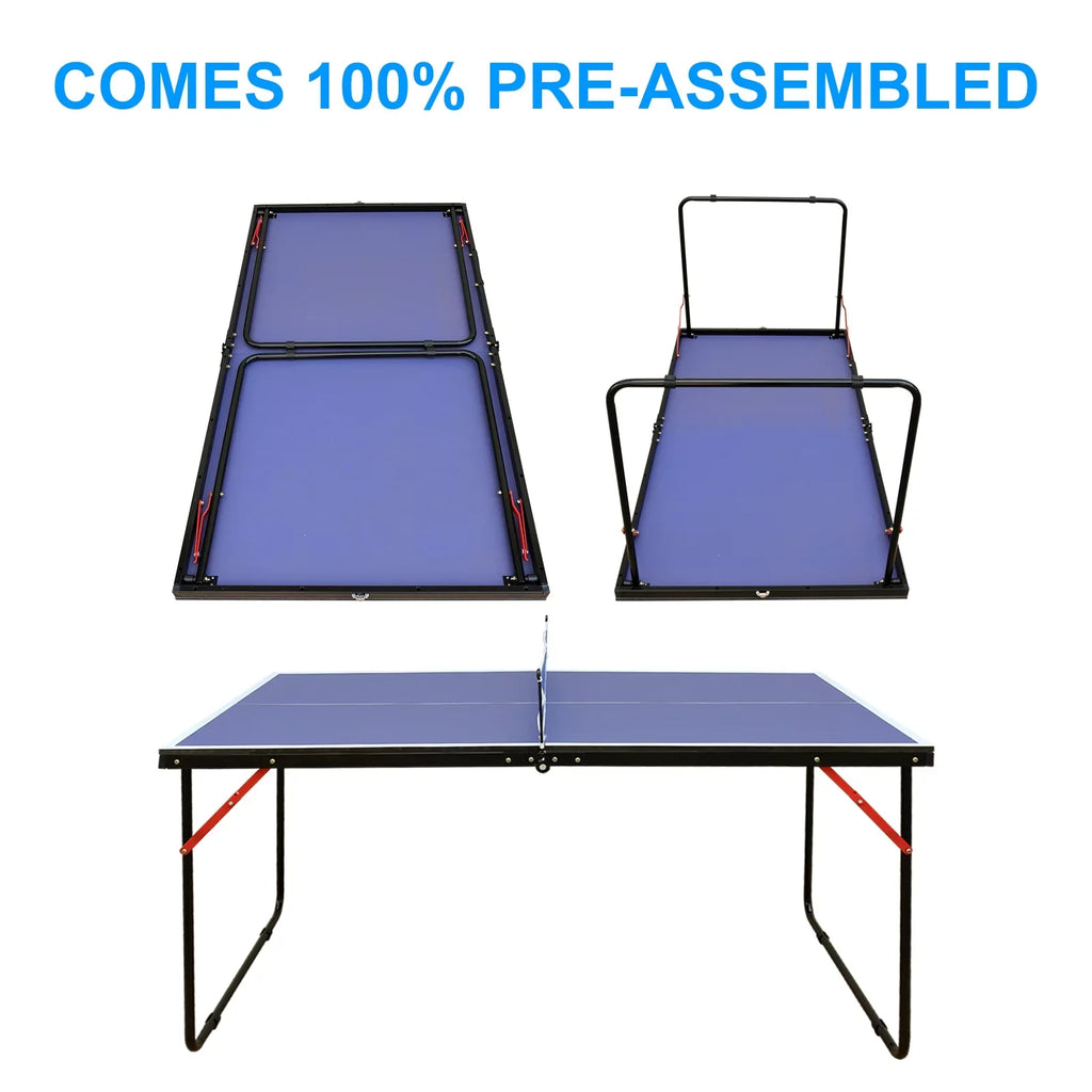 Midsize Table Tennis Table Set, Indoor Outdoor Ping Pong Table for Adults Kids, Foldable & Portable Table Tennis Table with Net, 2 Table Tennis Paddles and 3 Balls