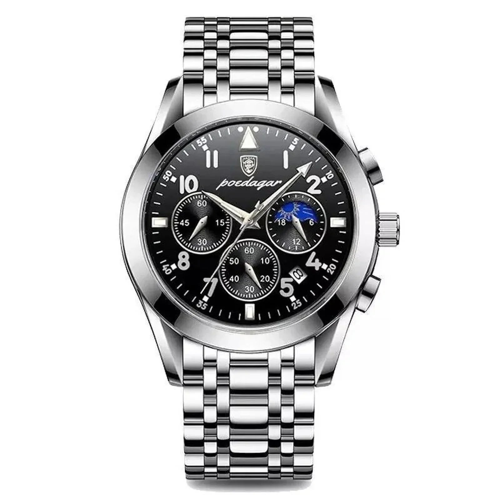 POEDAGAR Men Watch Sport Chronograph Quartz Watches Top Brand Luxury Full Steel Waterproof Luminous Date Man Fashion Wristwatch 8169 Ebony S