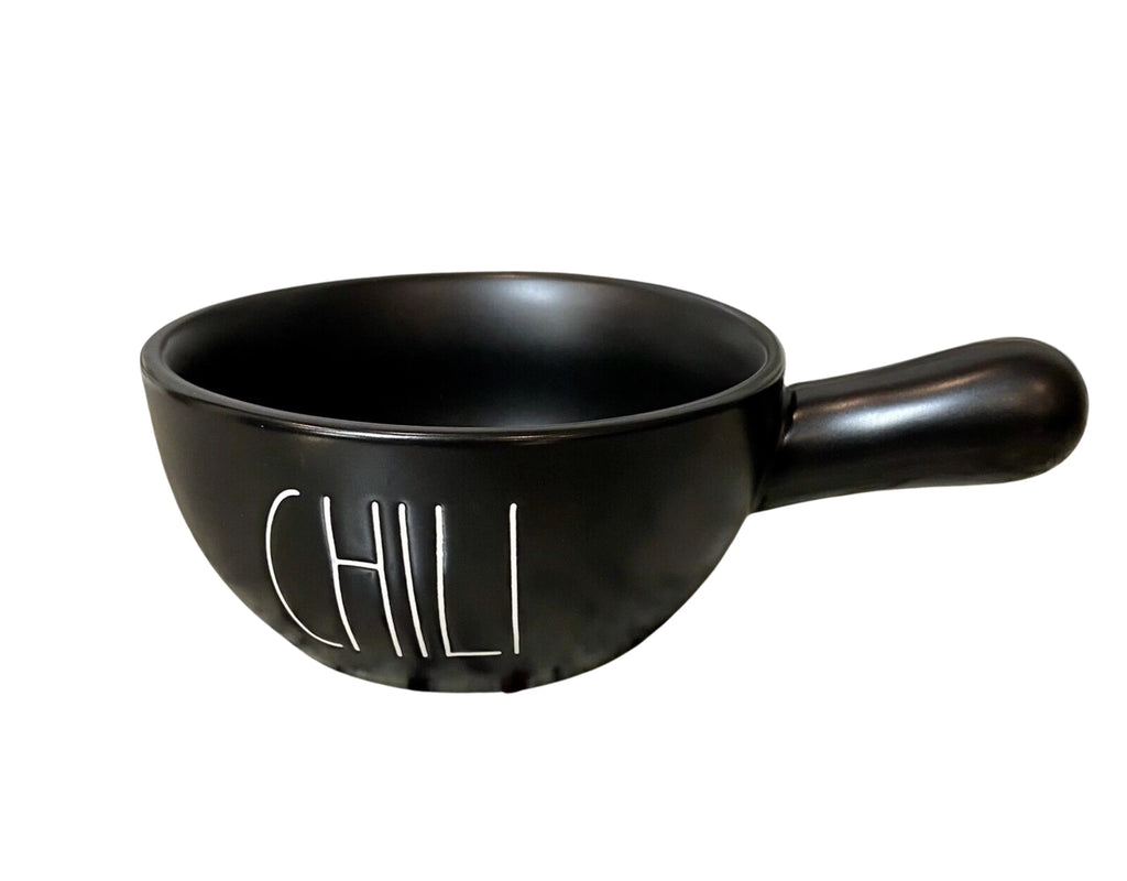 Rae Dunn CHILI Handled Bowl Jet Ceramic with White LL Letters