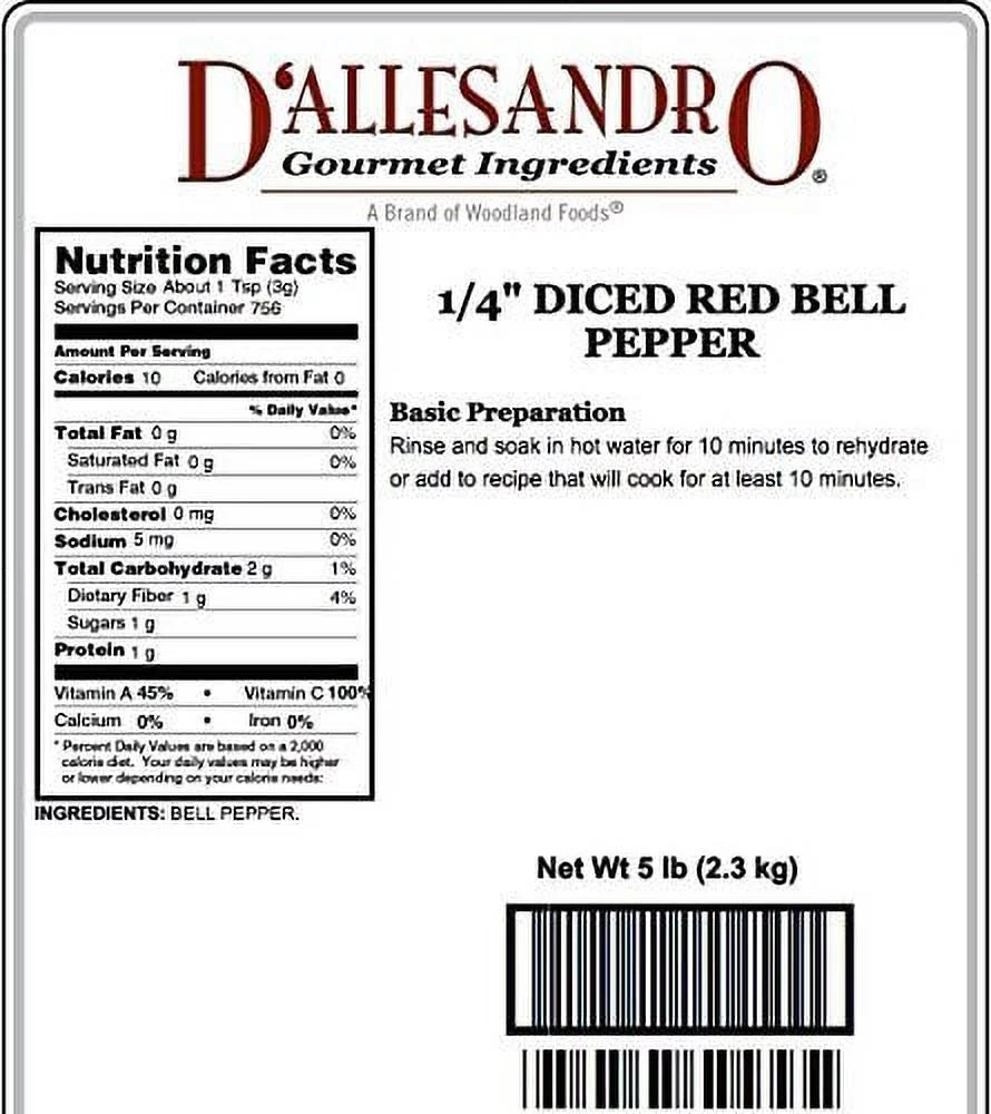 Diced 1/4" Red Bell Pepper, 5 Lb Bag