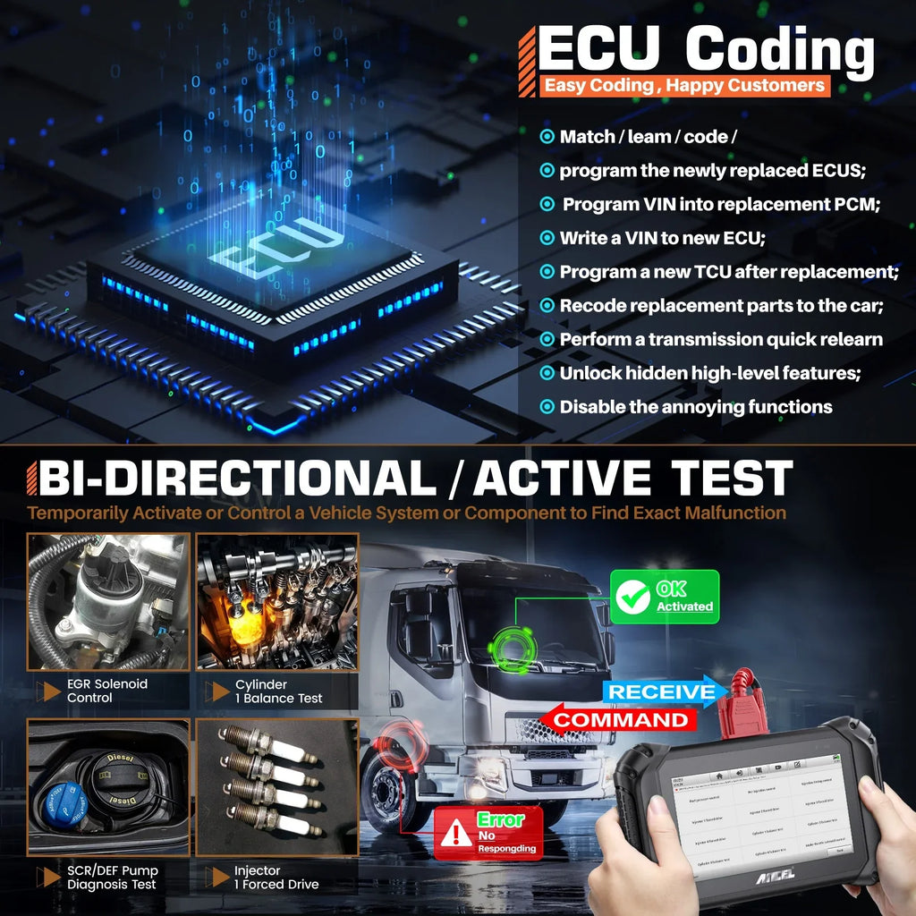 ANCEL V5 HD Diesel Truck Bi-directional Diagnostic Scan Tool Heavy Duty Truck All System Scanner 40+ Maintenance Reset DPF Regen ECU Coding OBD2 2 IN 1 Code Reader for 24V Truck 12V Cars Scan Tablet