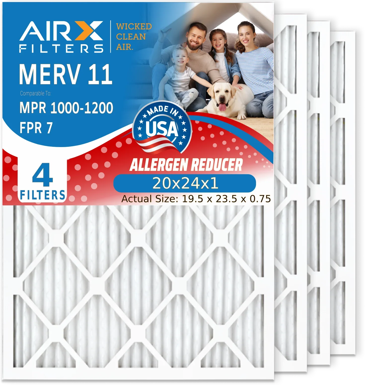 20x24x1 Air Filter MERV 11 Comparable to MPR 1000, MPR 1200 & FPR 7 Electrostatic Pleated Air Conditioner Filter 4 Pack HVAC Premium USA Made 20x24x1 Furnace Filters by AIRX FILTERS WICKED CLEAN AIR.