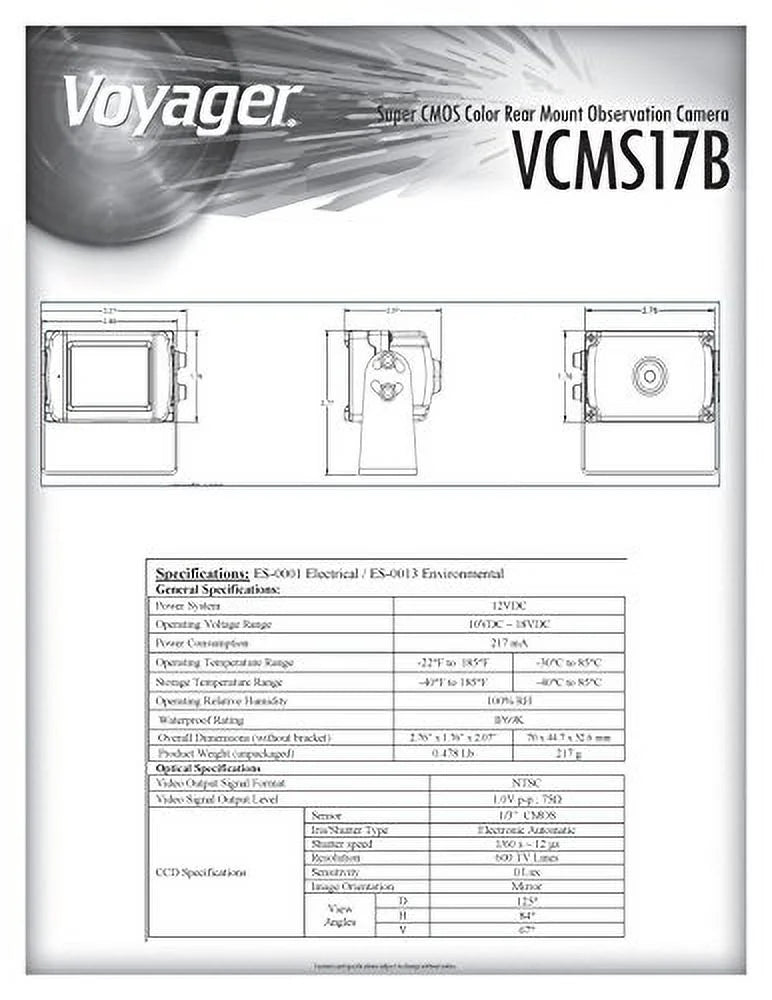 Voyager VCMS17B Super CMOS Color Rear Mount Observation Camera with LED Low-Light Assist, Built-In Microphone, Dark