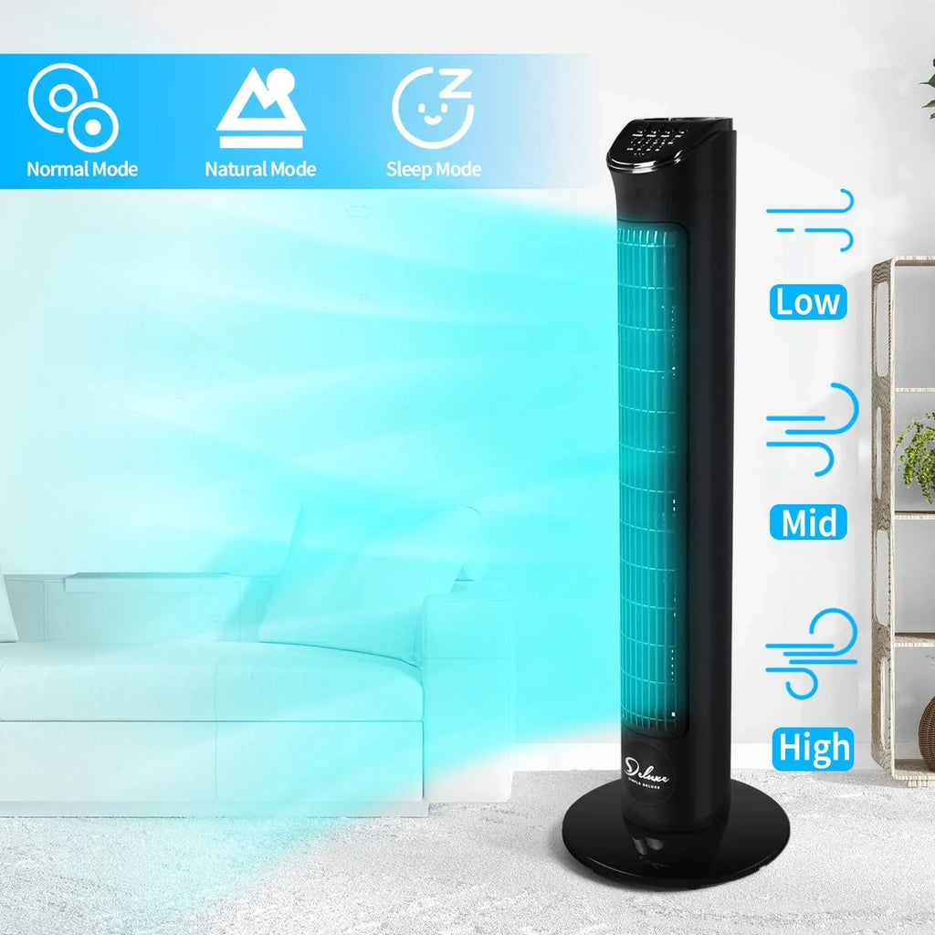Simple Deluxe 32"Tower Fan with Remote, 90° Oscillating Fan with 4 Speeds, Bladeless Fan, Standing Floor Fans, Ebony