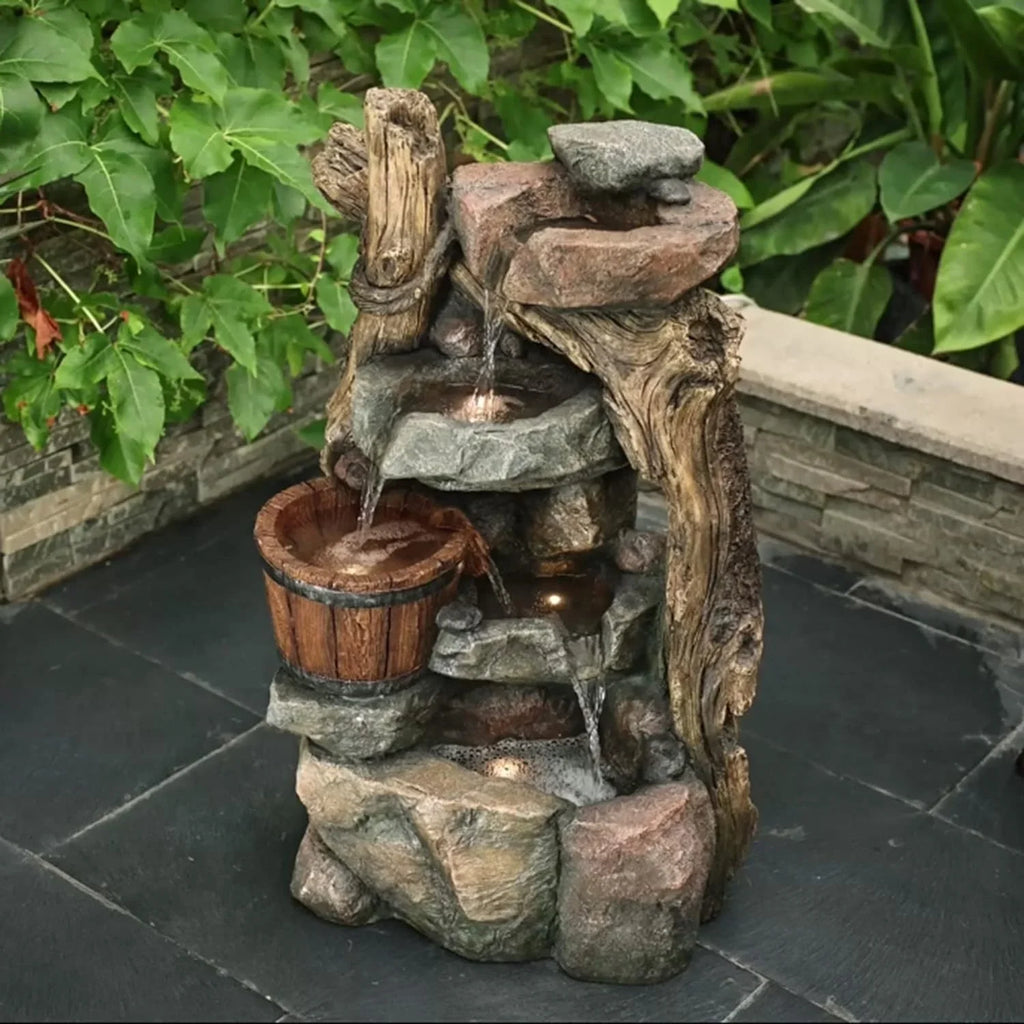 Resin Stacked Rock Wall And Barrel Outdoor Fountain With LED Lights
