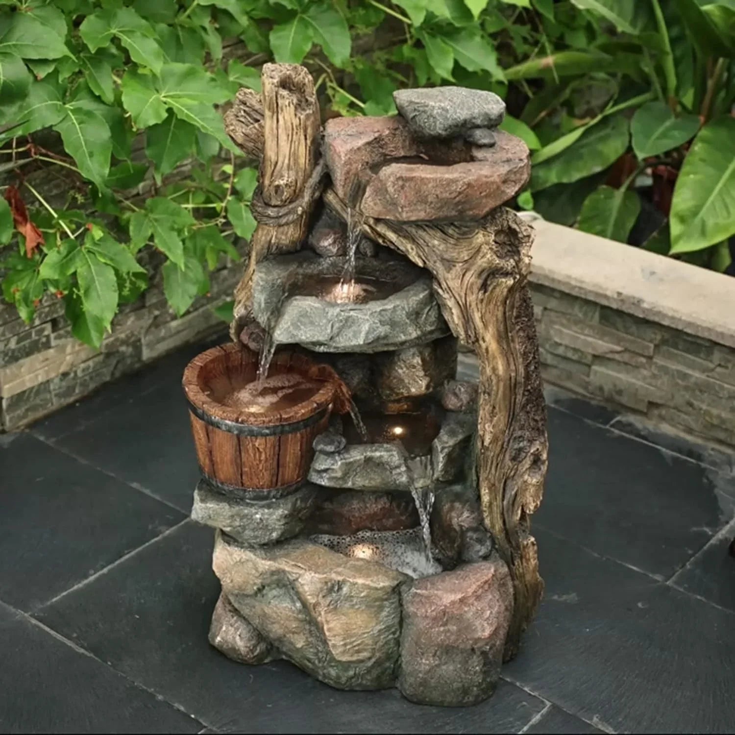 Resin Stacked Rock Wall And Barrel Outdoor Fountain With LED Lights