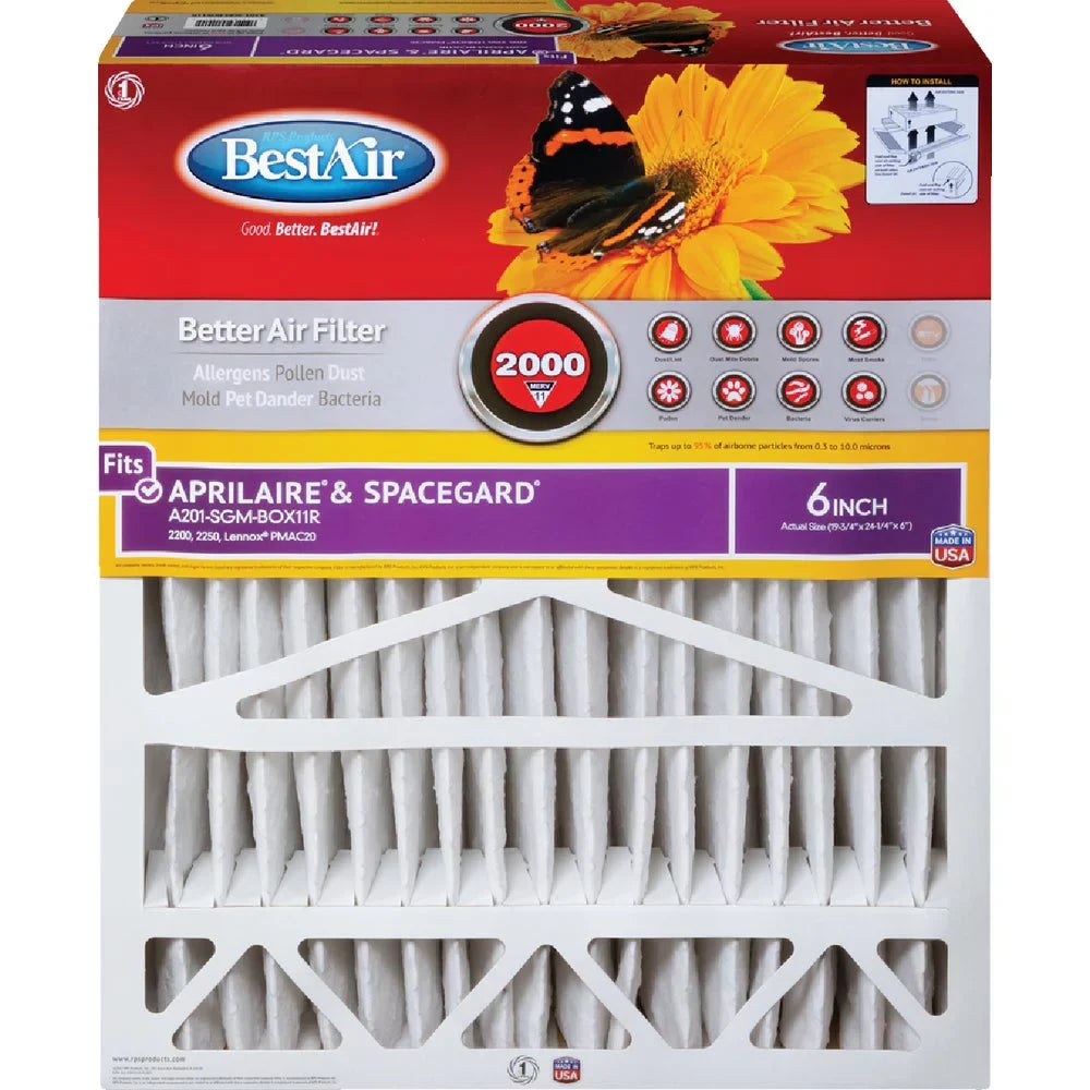 1PACK BestAir 20 In. x 25 In. x 6 In. Aprilaire & SpaceGard MERV 11 Deep Pleat Furnace Filter with Cardboard Frame