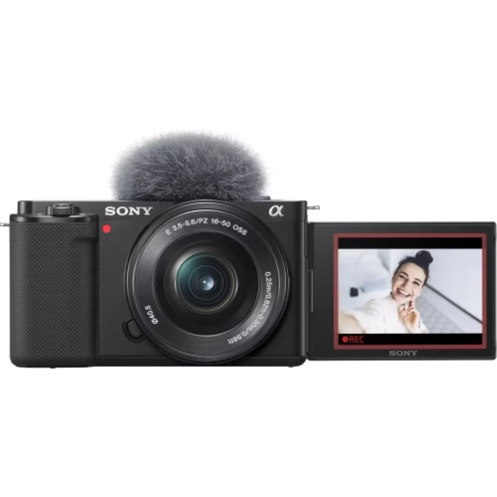 ZV-E10 Mirrorless Camera |16-50mm Lens Dark Bundle with Transcend 64GB Memory Card + Flexible Tripod + Camera Bag + Cleaning Kit (5 Items)