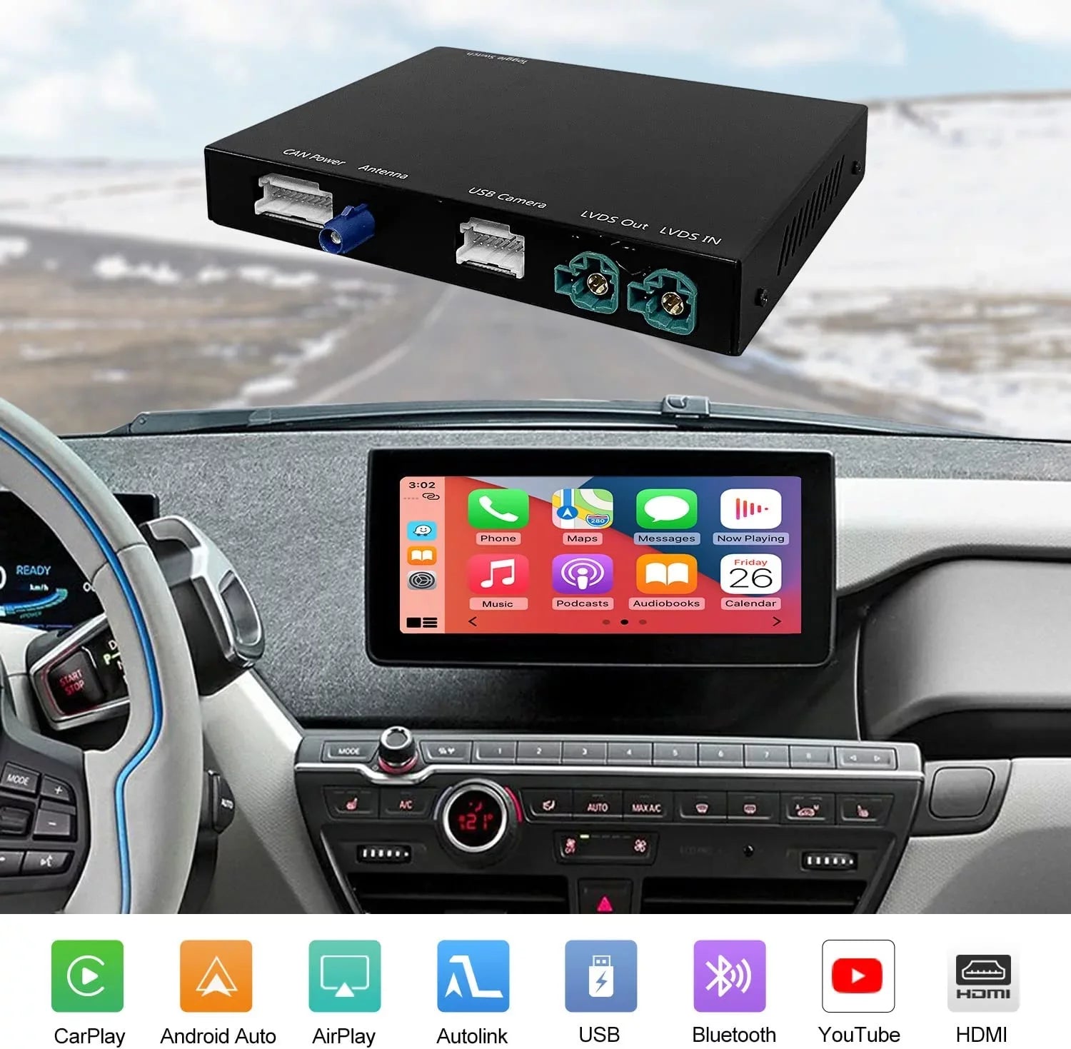 Road Top Wireless Carplay Retrofit Kit Decoder for i3 I01 NBT System 2012-2017 Year, Support Android Auto, Mirrorlink, Reverse Camera, Original Car Knob Control