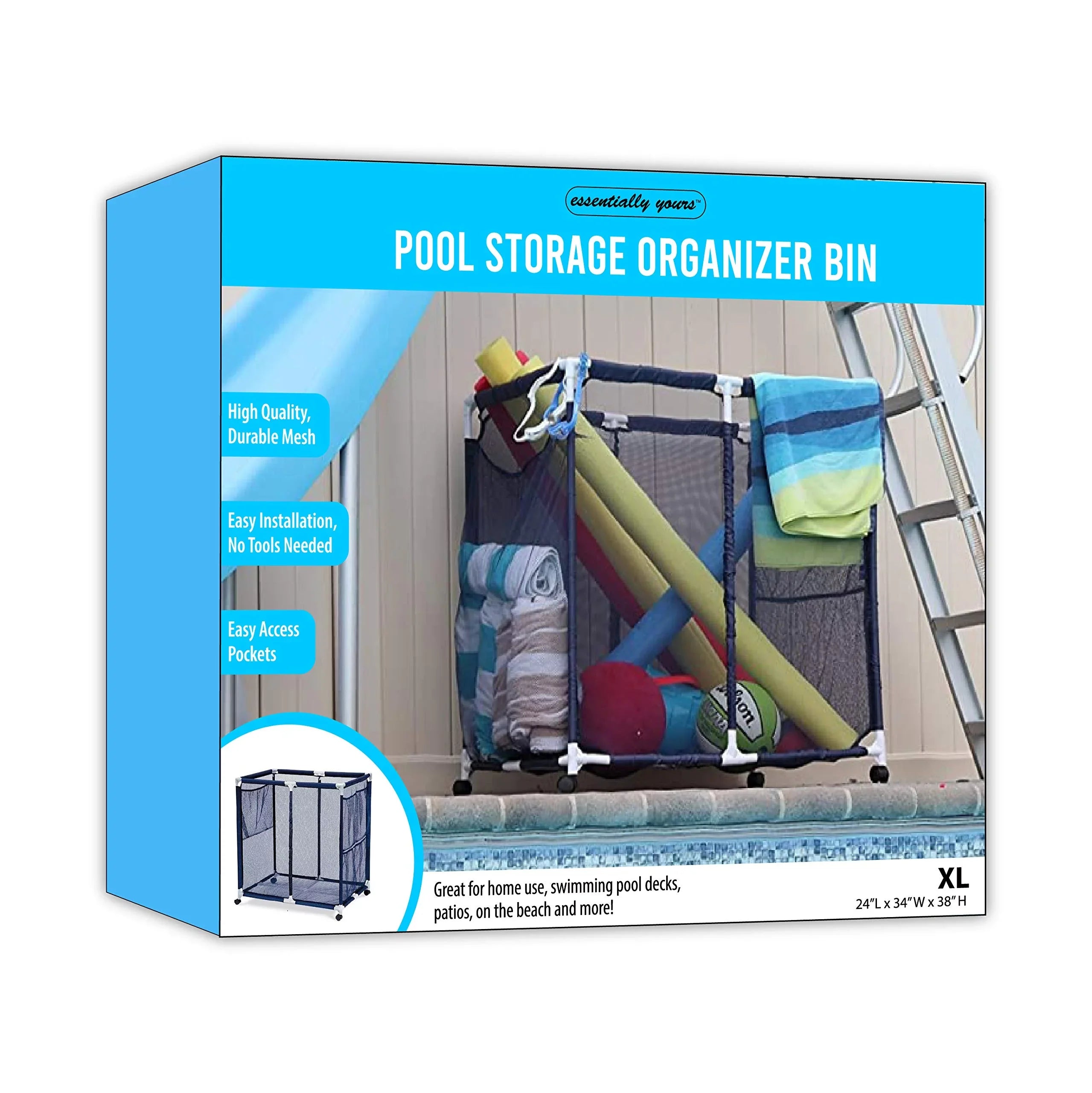 Essentially Yours Pool Floats, Balls, Toys and Equipment Rolling Mesh Organizer Storage Bin, Large, (35" W x 25.4" L x 37.5" H), Blue / White Style 455102