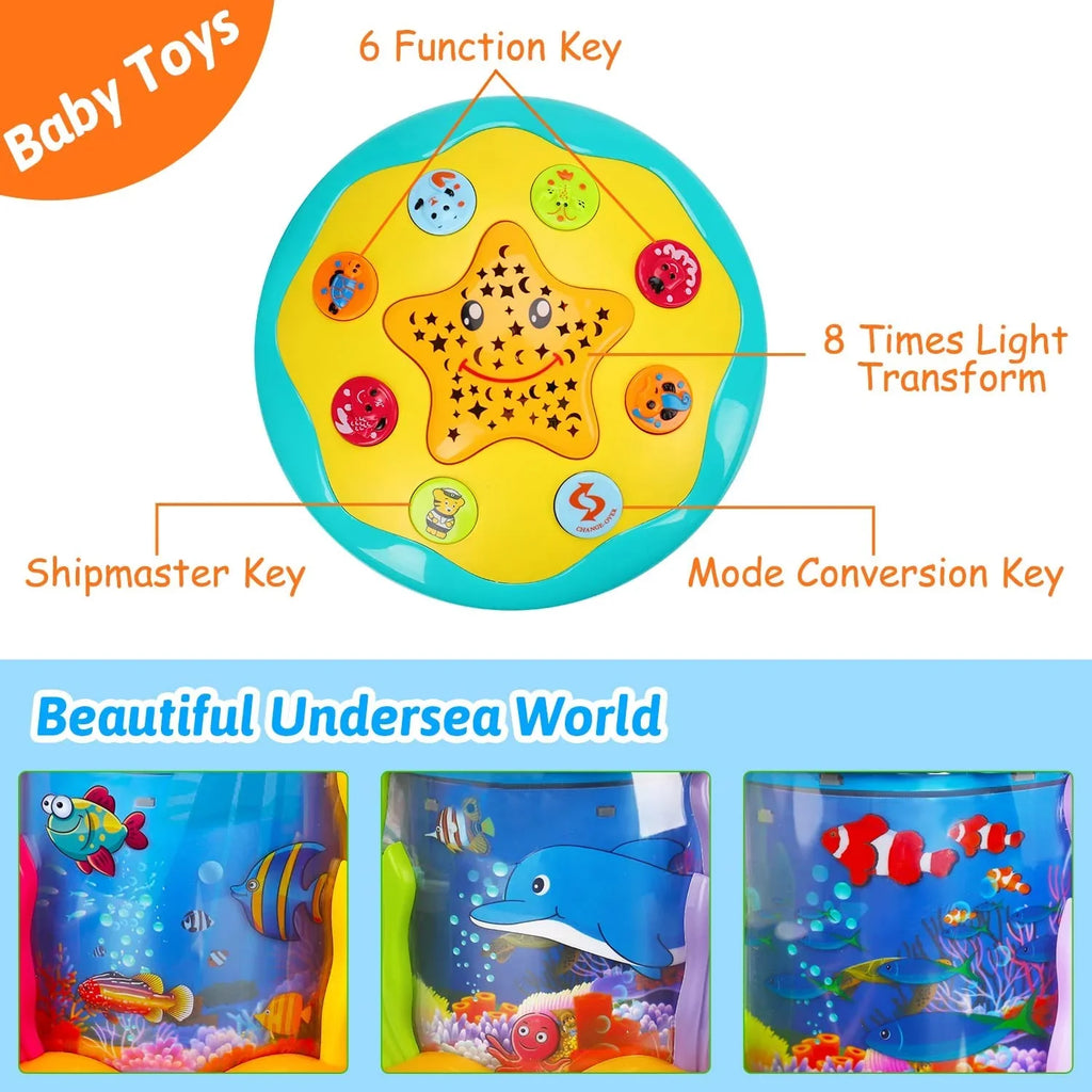 ISHANTECH Baby Toys 6 to 12 Months 4 in 1 Musical Projector Ocean Rotating Tummy Time Learning Crawling Light Up Toys