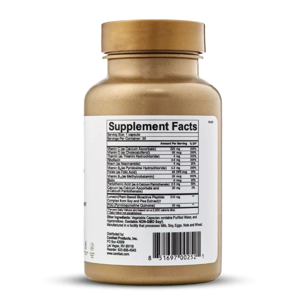 Carefast PQQ Lunasin Vitality 20mg Pyroloquinoline Quinone, 10mg Bioactive LunaCell Supplement - Mitochondrial Biogenesis, Cellular Health & Stress Formula, Non-GMO - 30 Dietary Capsules
