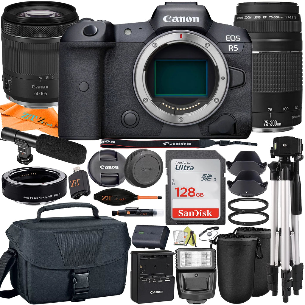 EOS R5 Mirrorless Camera with RF24-105mm + 75-300mm Lens + Mount Adapter + SanDisk 128GB + ZeeTech Accessory
