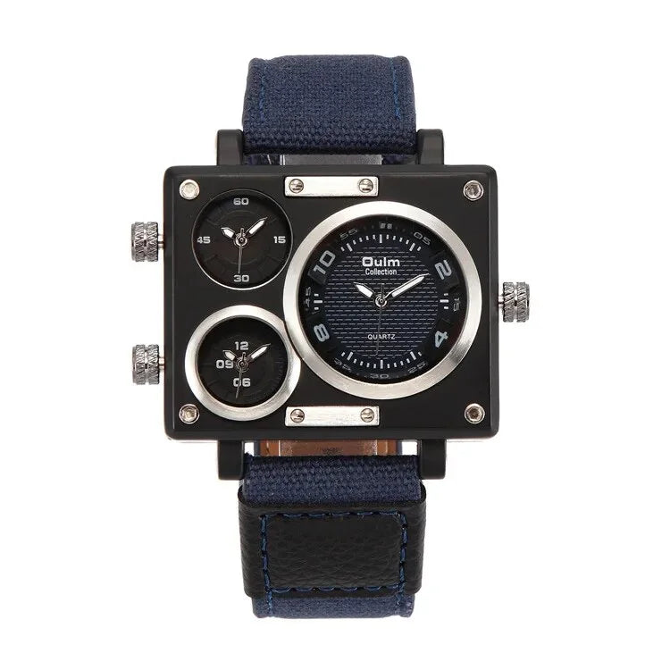 Brand New Style Men's Watches Luxury Unique Designer Watches Men Fashion Square Big Face 3 Time Zone Casual Quartz Watch Blue