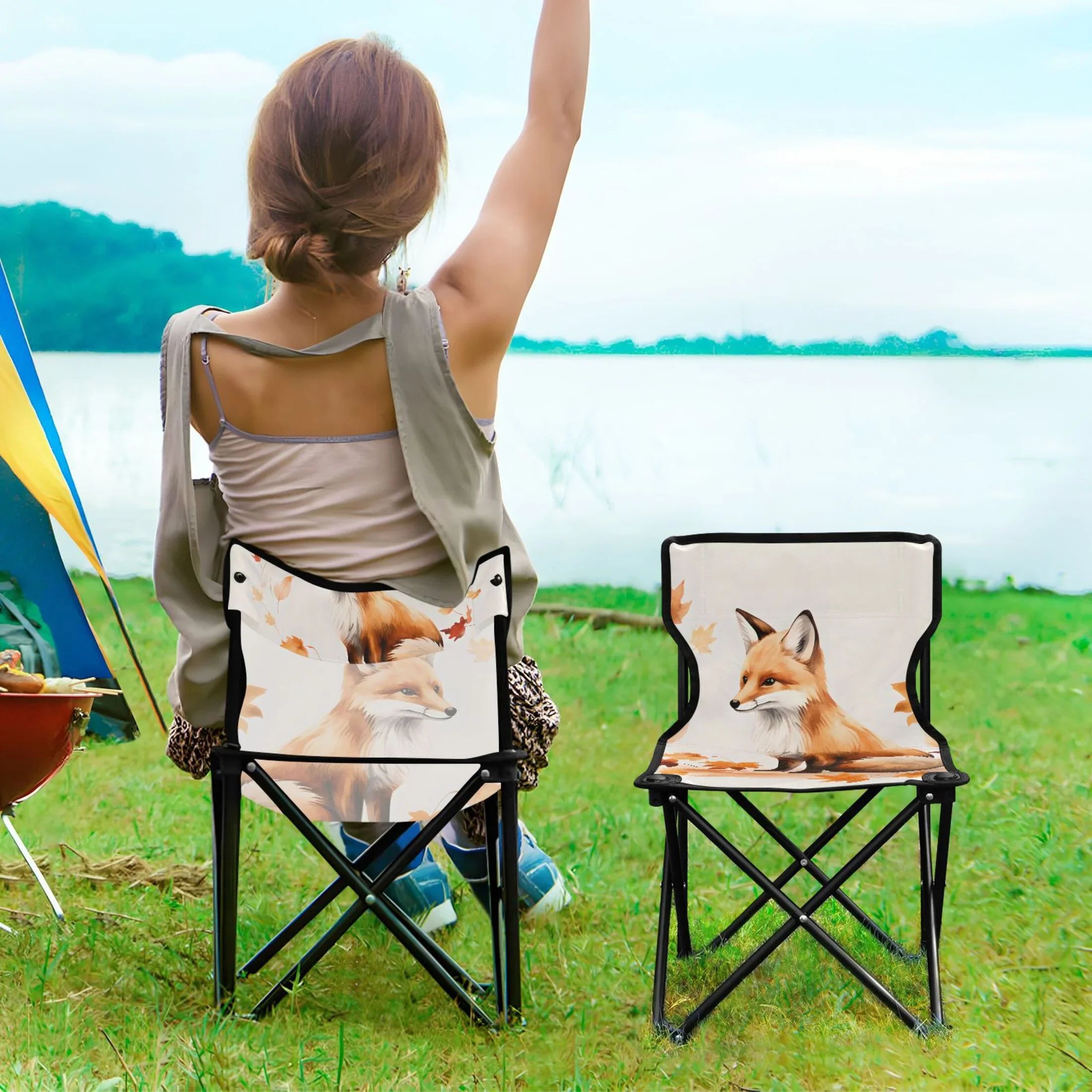 Fox with Autumn Leaves Portable Camping Chair Small for Kids Outdoor Folding Beach Chair Fishing Chair Lawn Chair with Carry Bag